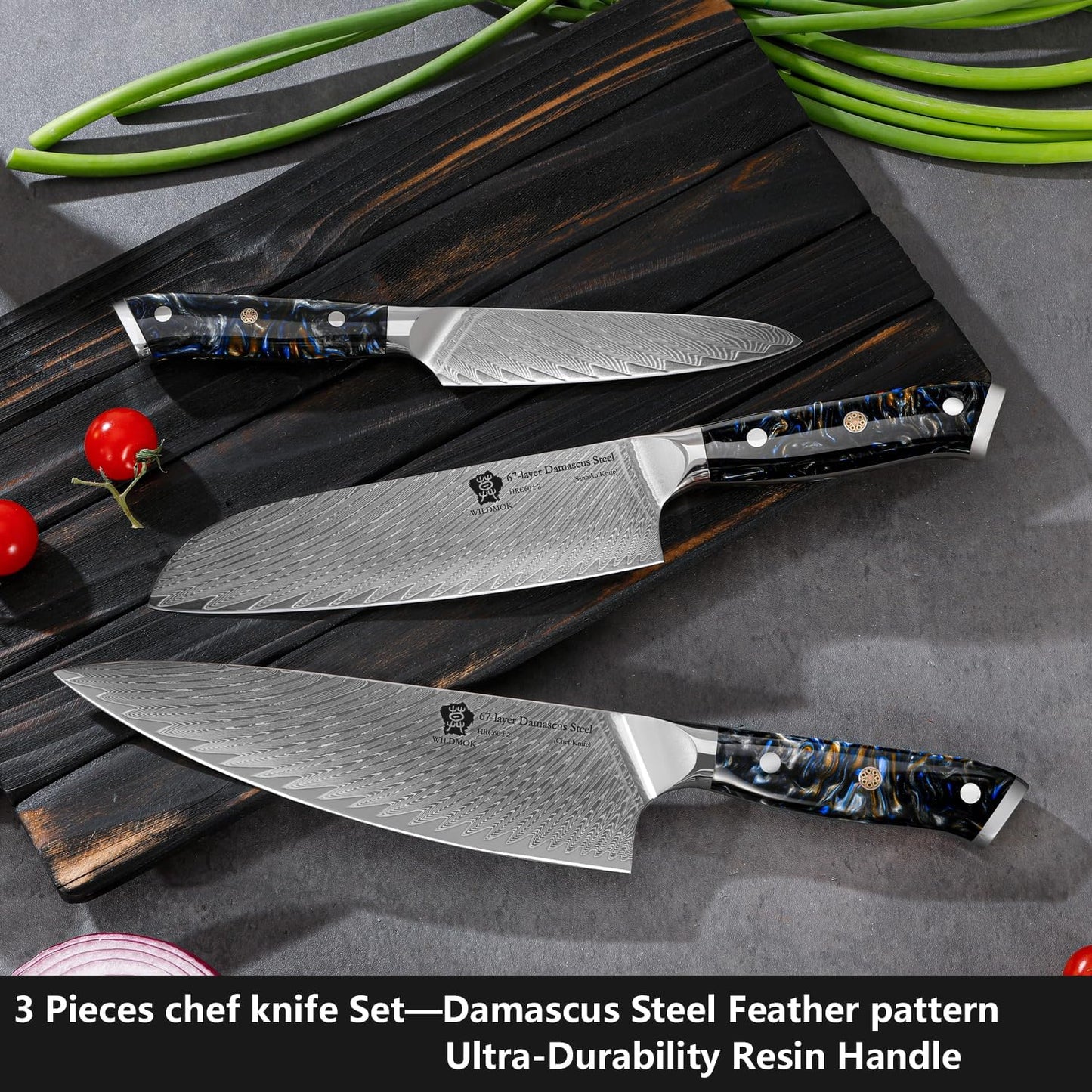 WILDMOK Damascus Kitchen Knife Sets 3 PCS, Japanese Kitchen Knife Set Damascus Steel Core, Ultra-Sharp Professional Chef Knife Set and Full Handle, Gift Box