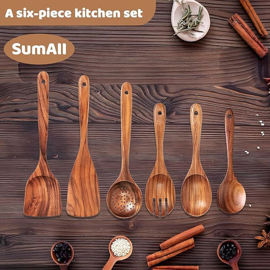6 PCs Teak Wooden Utensil Set with Hooks, Wooden Spoons for Cooking, Wood Cooking Utensils Set, Comfort Grip, Non Stick Cookware, Easy to Clean, Kitchen Stuff, Wood Spatula