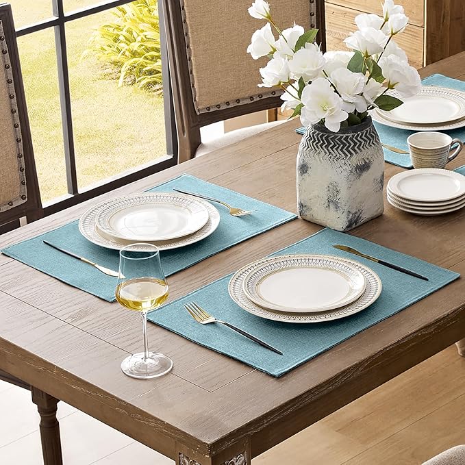 Romanstile Cloth Placemats Set of 6-12 x 18 Inch, Heat Resistant Double Layered Thickened Burlap Place Mats, Washable Linen Farmhouse Table Mats for Kitchen/Dining/Party/Outdoor, Teal