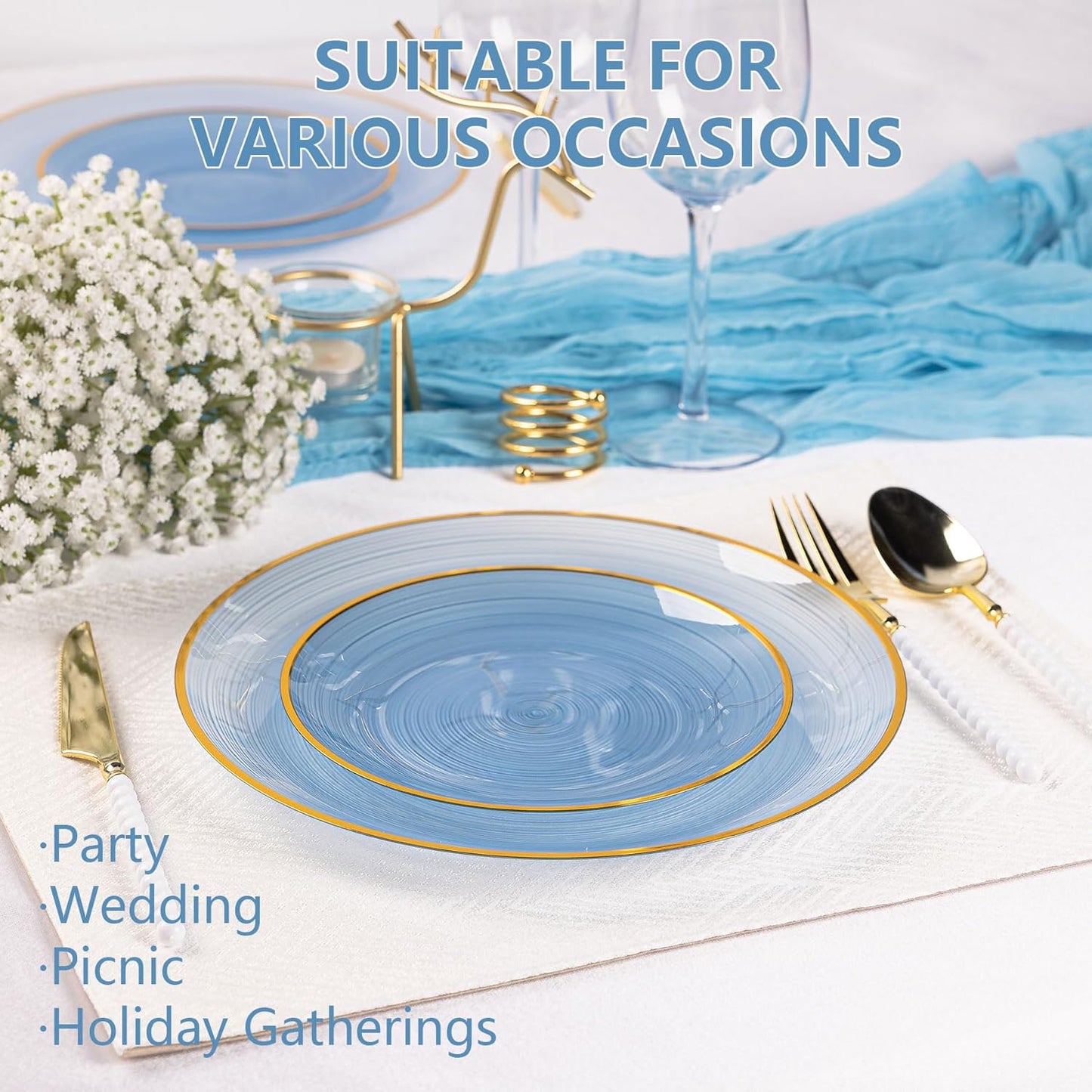 100PCS Blue Plastic Plates-Crystal Design Blue Disposable Plates with Gold Rim, Fancy Disposable Plates Include 50 Dinner Plates, 50 Dessert/Salad Plates for Party & Birthday