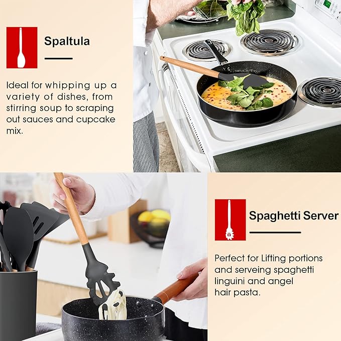 E-far Cooking Utensils Set of 6, Silicone Kitchen Utensils with Wooden Handle, Non-stick Cookware Friendly & Heat Resistant, Includes Spatula/Ladle/Slotted Turner/Serving Spoon/Spaghetti Server(Gray)