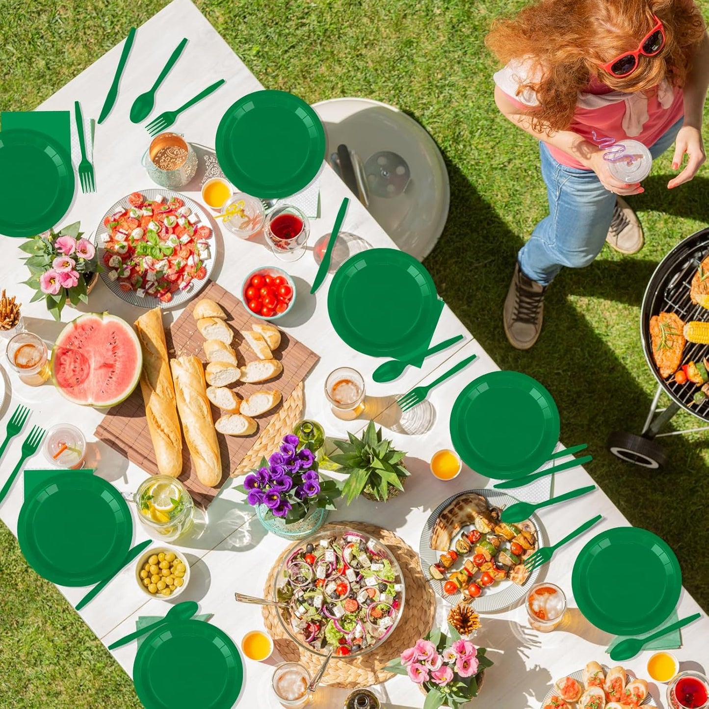 TWOWYHI 228PCS Green Party Supplies Set Include Paper Plates Cups Paper Napkins Plastic Spoons Forks Knives for 30 Guests Disposable Party Dinnerware for Birthday Wedding Family Picnic