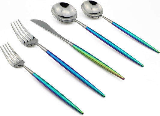 5-Piece Coloful Rainbow Handle Silver Flatware Set, Mirror 18/10 Stainless Steel, Service for 1