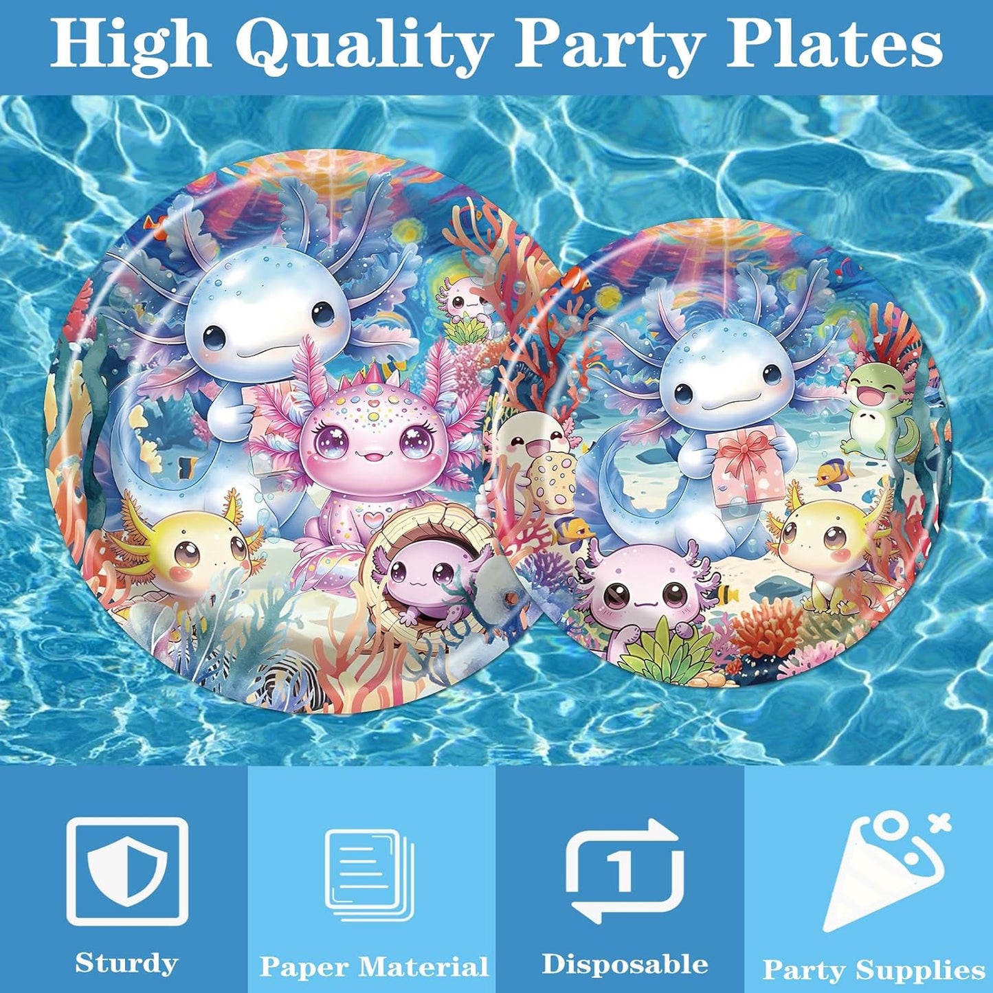 Rakuto Colorful Axolotl Birthday Decorations - 96PCS Axolotl Party Plates Napkins Forks Disposable Tableware Set, Cute Colorful Animals Themed Birthday Party Decorations Decor Supplies (Serve 24)