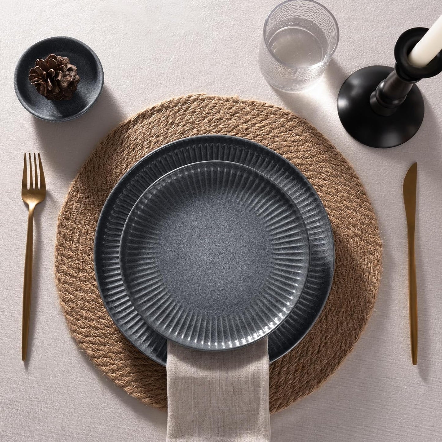 Famiware Starlight Dinnerware Sets, Plates and Bowls Dish Set of 8 (24 Pieces), Ribbed Textured Tableware - Dishwasher & Microwave Safe, Chip Resistant, Reactive Glaze, Matte Midnight Grey