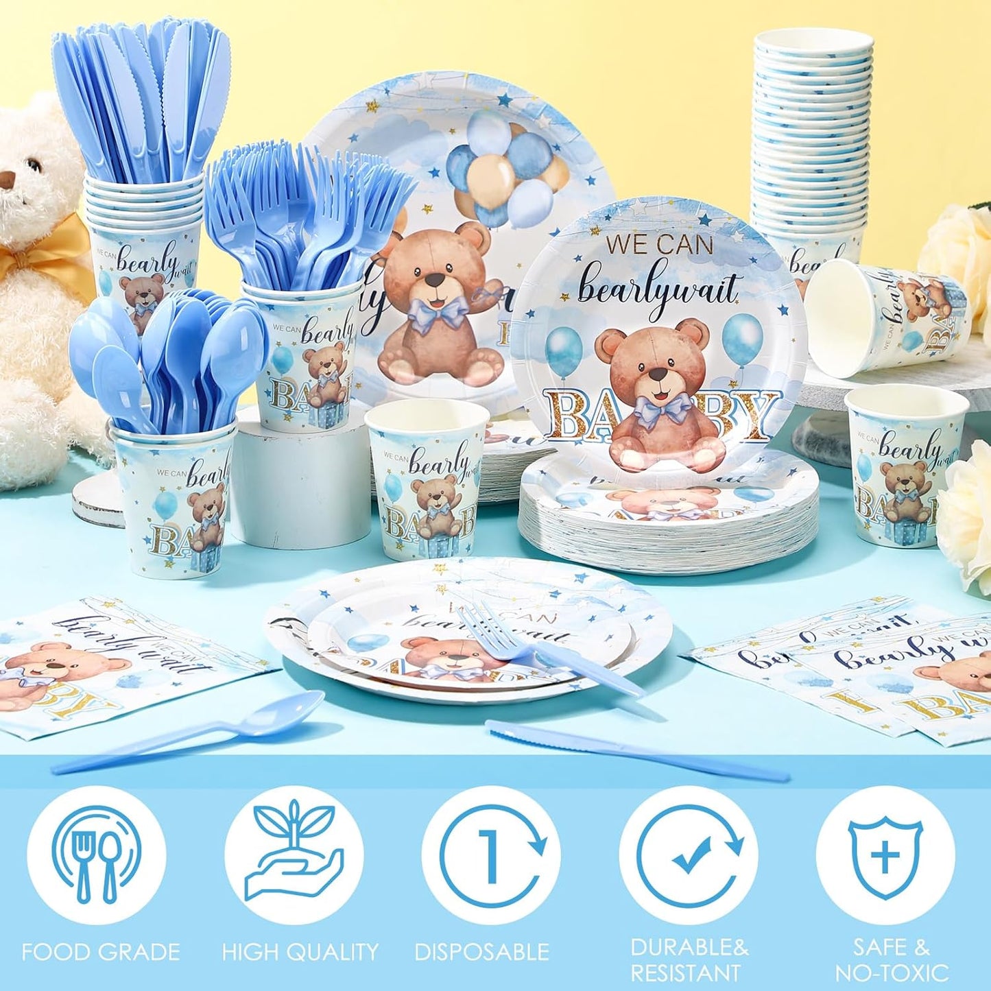 Dandat 350 Pcs Baby Shower Plates Set Baby Shower Party Supplies Serves 50 Tableware Sets Include Plates Napkin Cup Forks Knives Spoons Disposable Dinnerware(Bear,Blue)