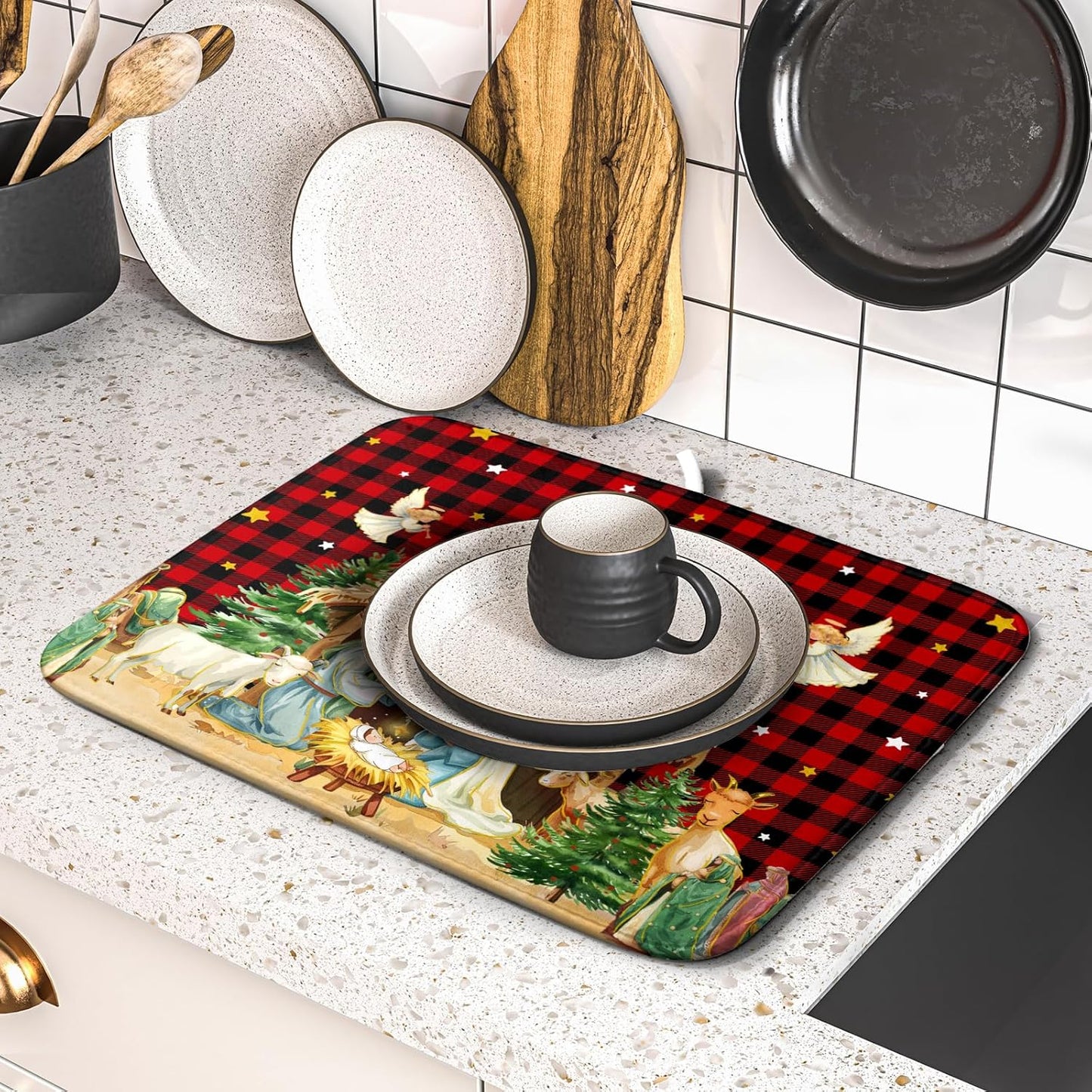 Christmas Dish Drying Mats for Kitchen Counter Xmas Nativity Scene Red Black Buffalo Plaid Absorbent Microfiber Dishes Mat Drying Pad with Loop for Home Countertops,16 x 18 Inches
