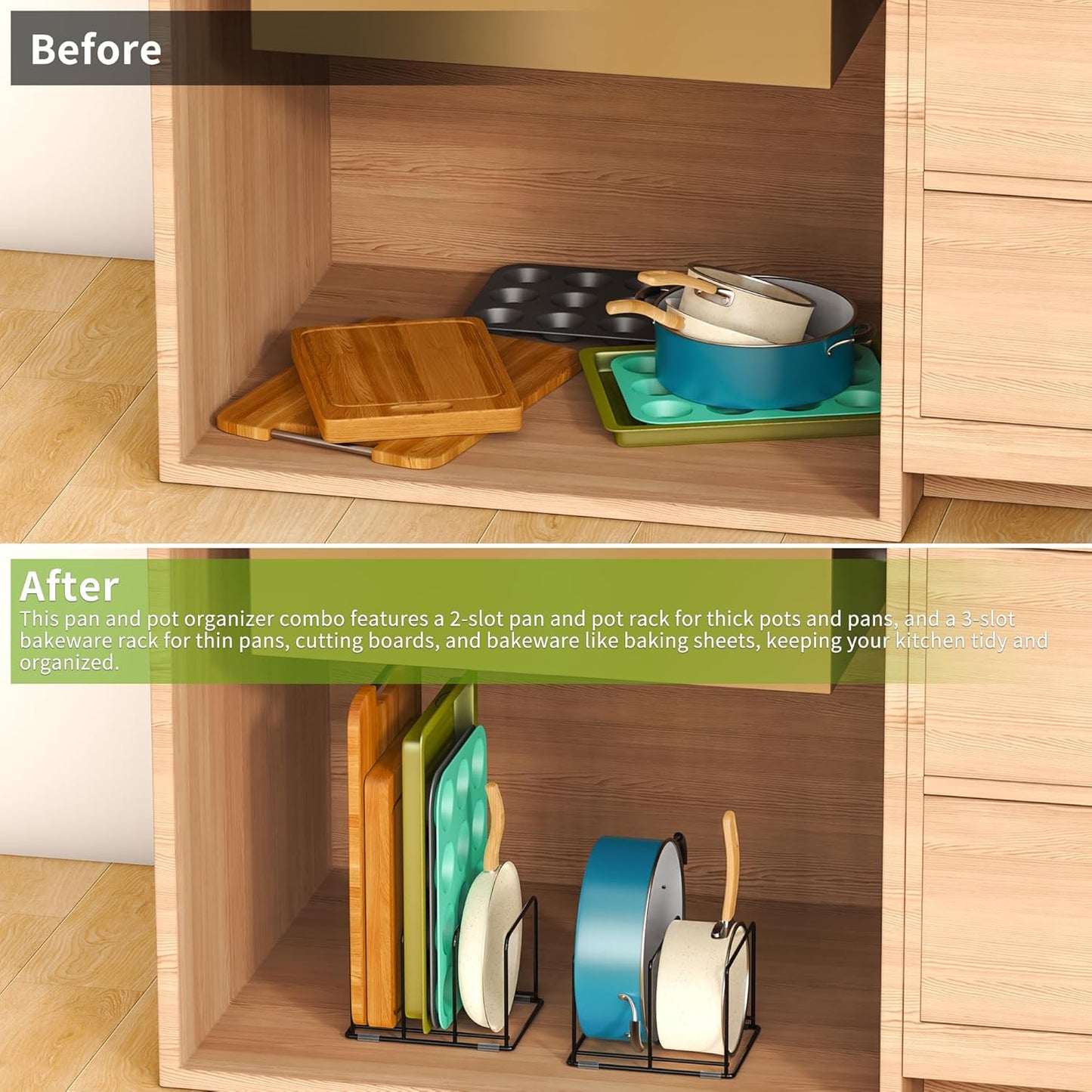 Pan and Pot Organizer Rack, Cutting Board Organizer for Cookie Sheet,Frying Pan inside Cabinet,Baking Pan, Tray Organizer for Kitchen Storage - Total 5 Compartments(2 Pcs)