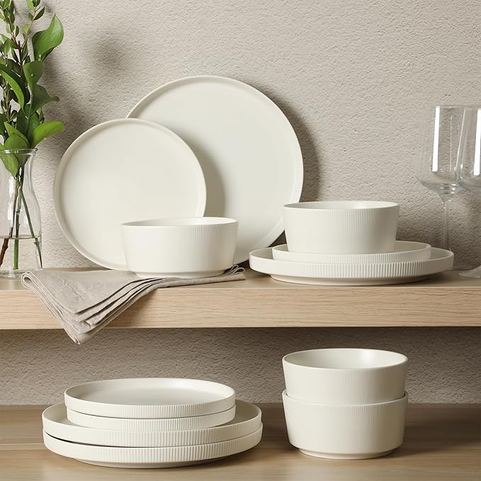 Gibson Home Dempsey Road 12-Piece Stoneware Dinnerware Set – Service for 4, Round White Plates and Bowls, Durable Solid Color Modern Embossed Dish Set, Microwave & Dishwasher Safe
