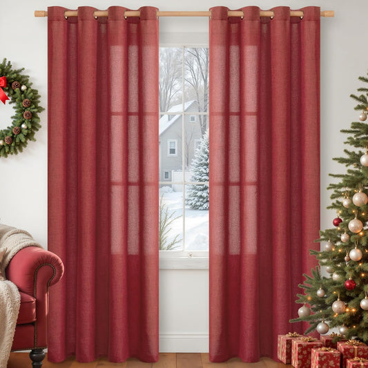 YoungsTex Red Linen Curtains 80 Inch Length for Living Room, Light Filtering Window Drapes Semi Sheer with Bronze Grommet Privacy for Christmas Decor Bedroom, 52 x 80 Inch, 2 Panels