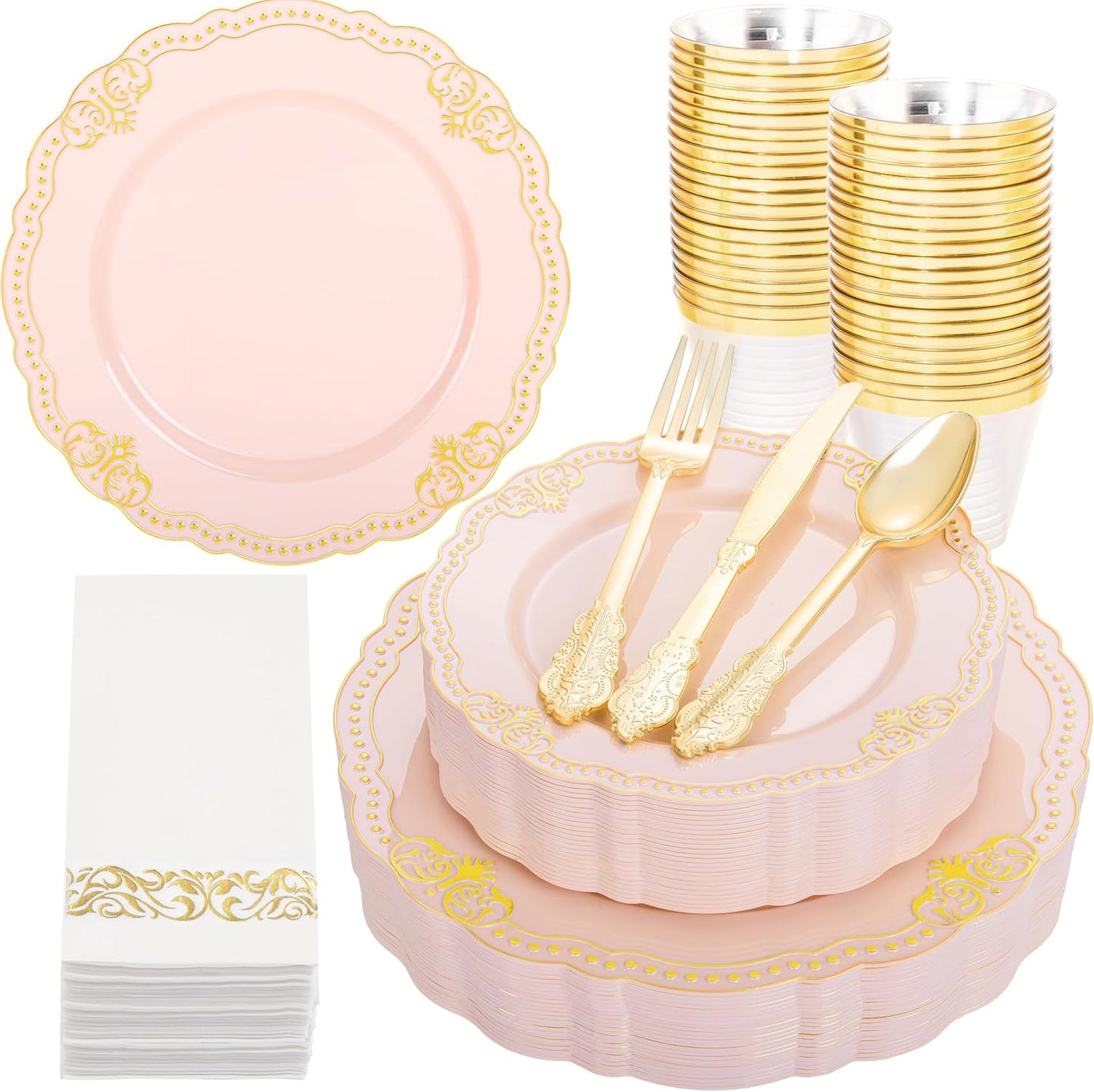 Ciaell 175 PCS Pink and Gold Plastic Plates - Fancy Gold Disposable Dinnerware Set with of 50 Plates, 25 Knives, 25 Forks, 25 Spoons, 25 Cups, 25 Napkins for Party & Weddings