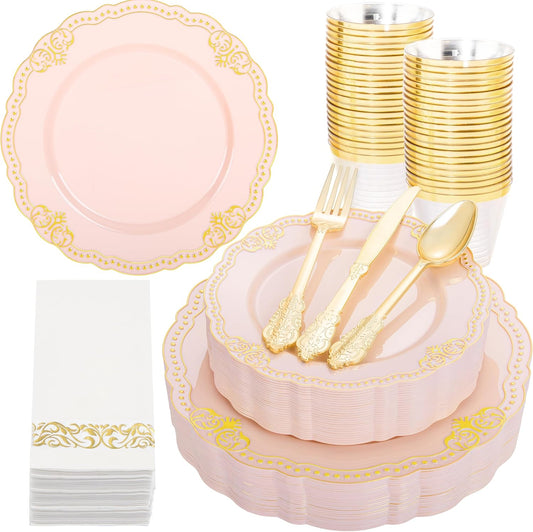 Ciaell 175 PCS Pink and Gold Plastic Plates - Fancy Gold Disposable Dinnerware Set with of 50 Plates, 25 Knives, 25 Forks, 25 Spoons, 25 Cups, 25 Napkins for Party & Weddings