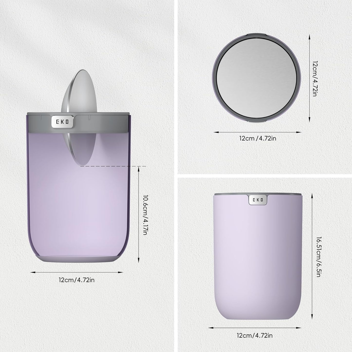EKO Mini Desk Trash Can with Swing-Top Lid 0.4 Gallon Small Table Round Wastebasket for Office, Home, Car (Lavender)