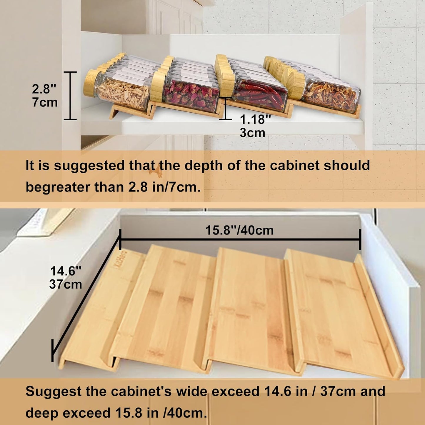 Spice Drawer Organizer with 28 Bamboo-lidded Spice Jars,216 Labels,25 Non-slip Rubber, Bamboo 4 Tier Seasoning Rack Tray Insert for Kitchen Drawers,Cabinets,Countertop,14.6" Wide x 15.8" Deep