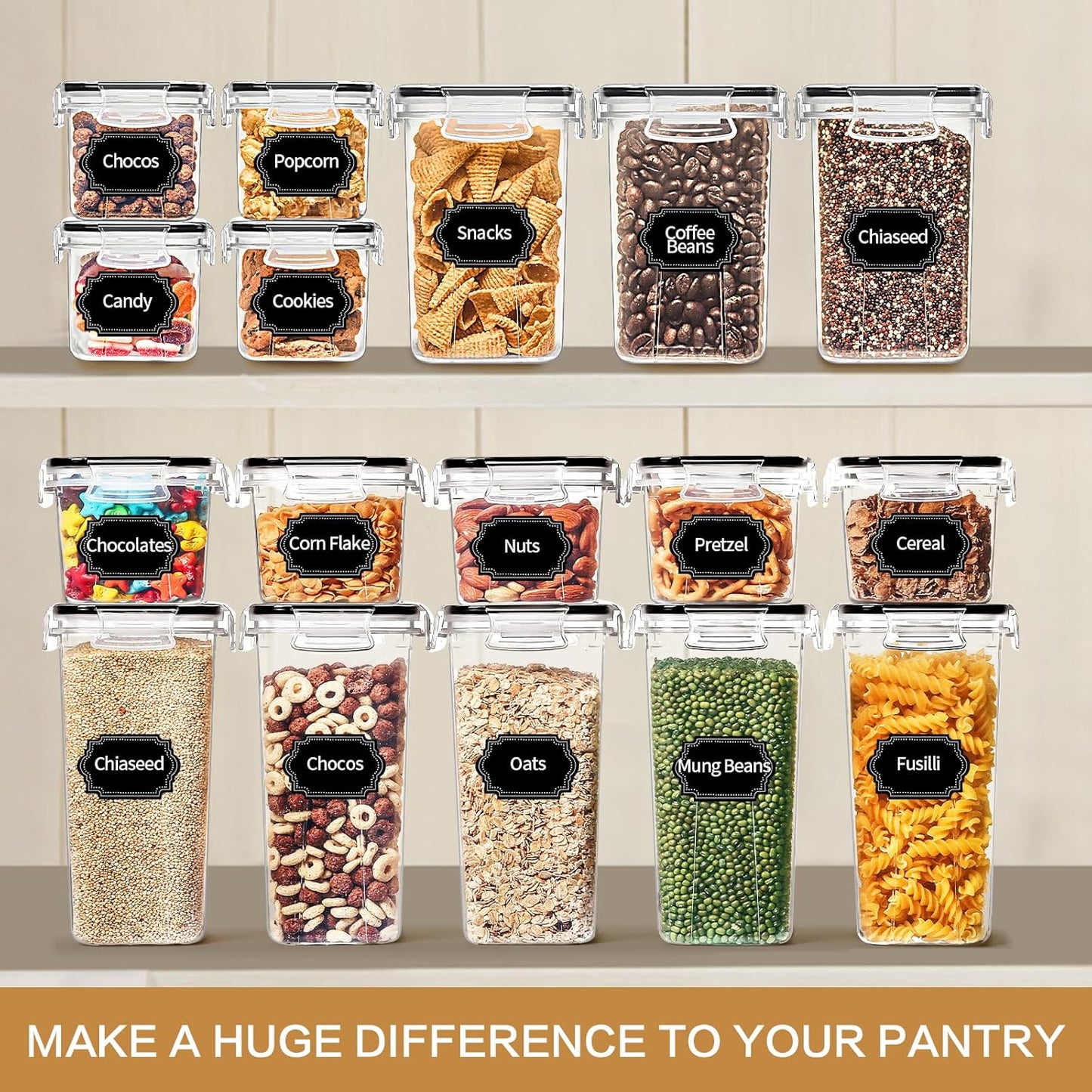 Skroam 32 PCS Airtight Food Storage Containers with Lids, Kitchen and Pantry Organizers and Storage, BPA Free, Plastic Food Storage Canisters for Flour, Sugar, and Cereal, Labels & Marker