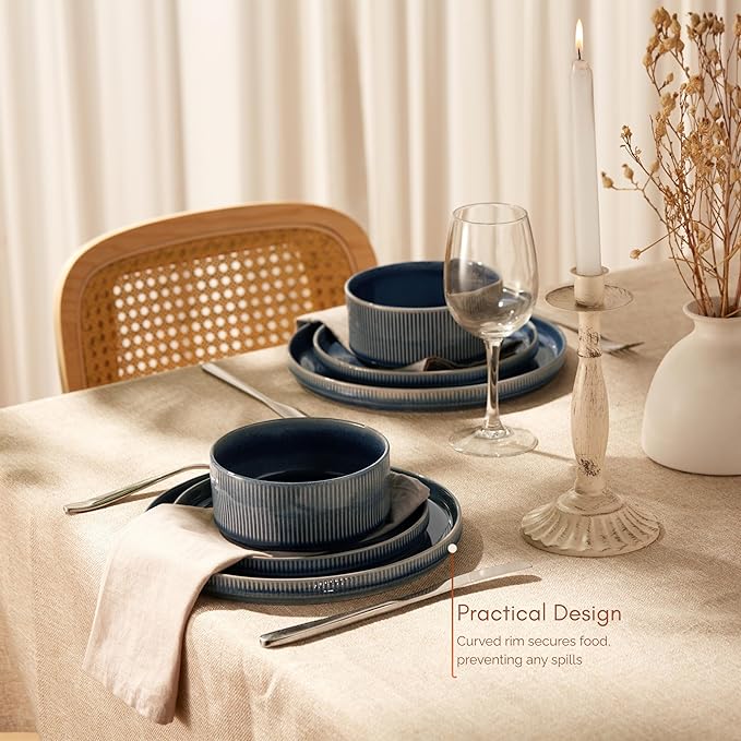 Ceramic Dinnerware Set, by Vase and Vessel, 12-Piece Service for 4, 9.8” Dinner Plates, 8” Salad Plates, 20 oz Bowls, Ombre Reactive Glaze, Durable Stoneware, Microwave & Dishwasher (Denim)
