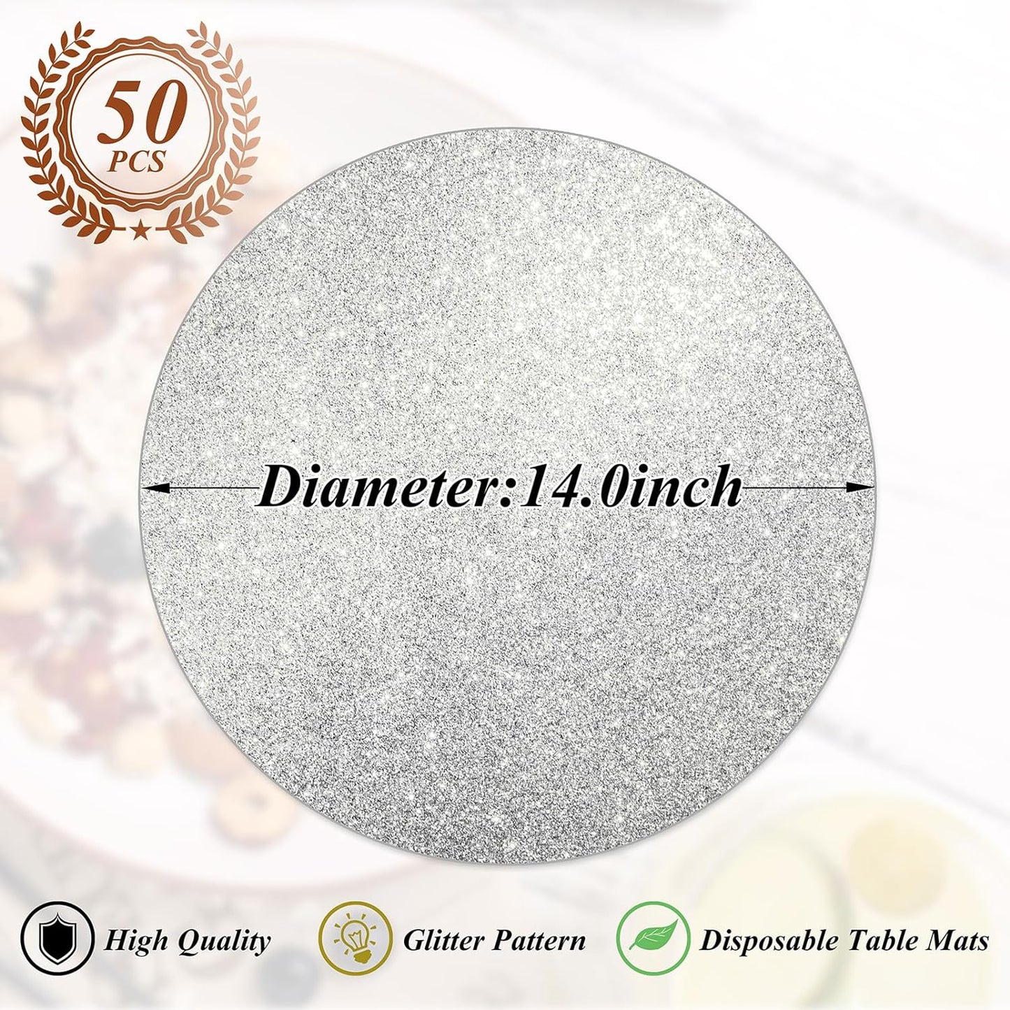 50 Pieces Silver Glitter Paper Place Mats Sparkle 14'' Round Disposable Table Mats Silver Sequin Doilies Decorative Placemats for Wedding Banquet Party Home Dining Tableware