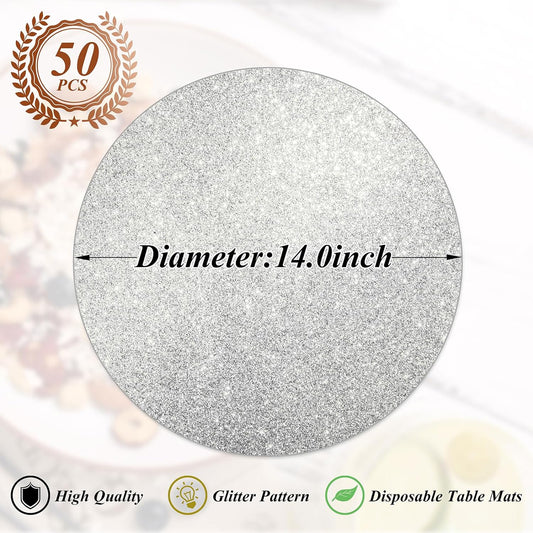 50 Pieces Silver Glitter Paper Place Mats Sparkle 14'' Round Disposable Table Mats Silver Sequin Doilies Decorative Placemats for Wedding Banquet Party Home Dining Tableware