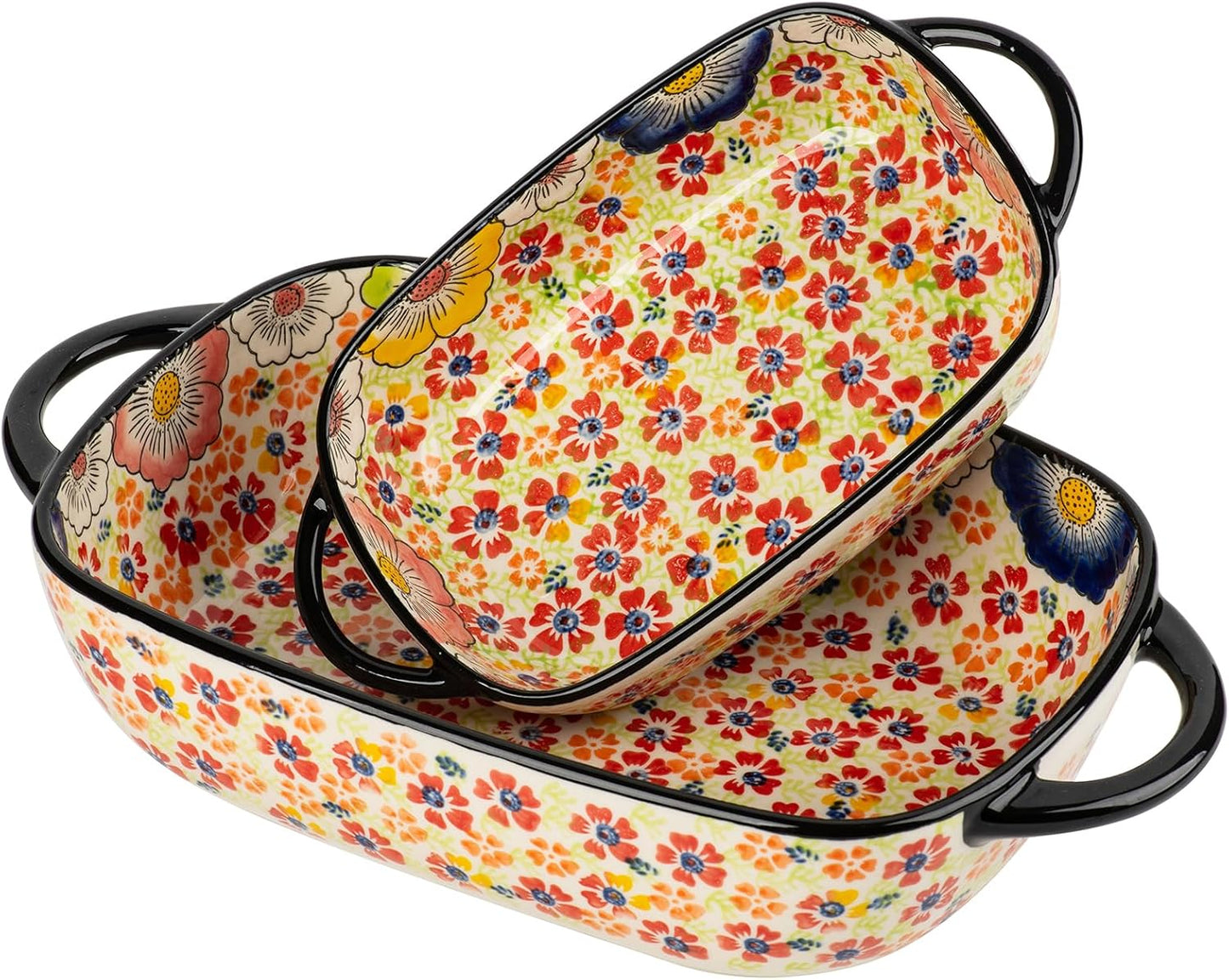 Retro pastoral style Ceramic Baking Dish Rectangular Bakeware Set Baking Pan, 2-piece Hand-painted Porcelain Baking pan with handle, Casserole Dish for Oven/Cooking/Kitchen (Romantic Flower)