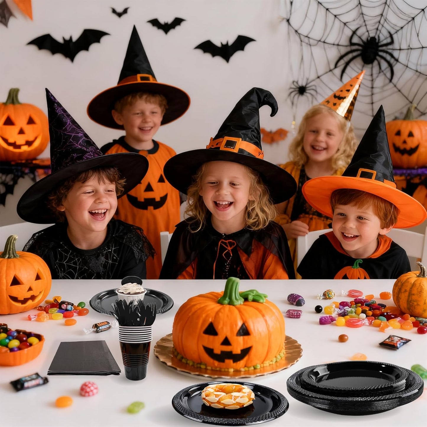 MirthMood 350PCS Black Disposable Plates, Black Party Supplies, Includes 50 Dinner Plates, 50 Salad Plates, 50 Silverware, 50 Napkins and 50 12OZ Cups.