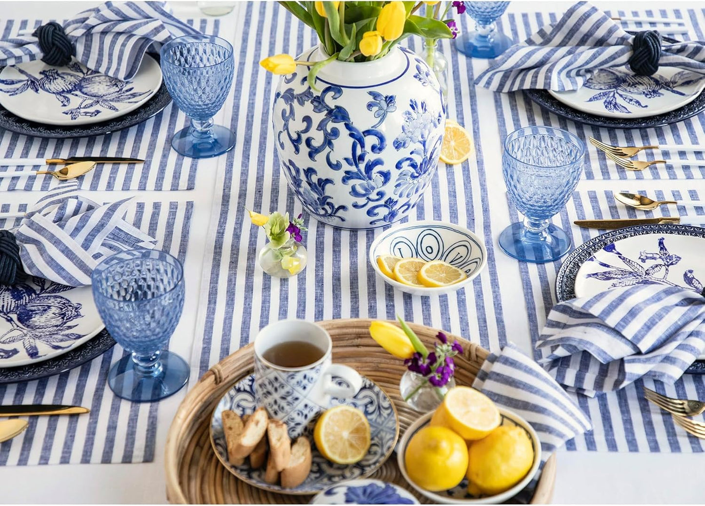 Solino Home Linen Table Runner 144 Inches Long - Amalfi Stripe, 100% Pure Linen Navy and White Table Runner 14 x 144 Inch for Dining