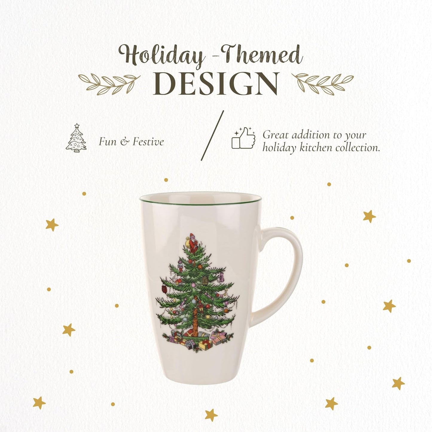Spode Christmas Tree Latte Mug - 22 Oz Holiday Coffee Cup for Tea, Hot Cocoa, & More - Classic Green Banded Christmas Tree Design - Dishwasher & Microwave Safe Fine Stoneware Mug