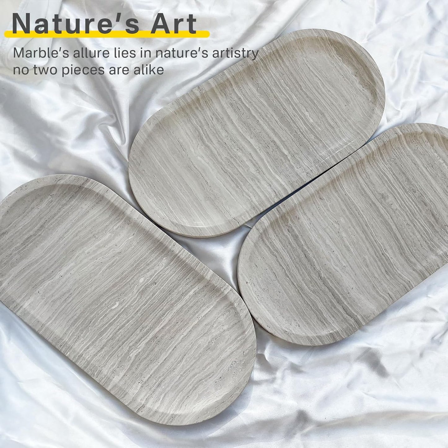 Natural Marble Tray, Stone Vanity Tray for Bathroom & Kitchen Countertop - Organizer for Perfume, Jewelry, Cosmetics 12x6 Inch,Gray Wood Grain