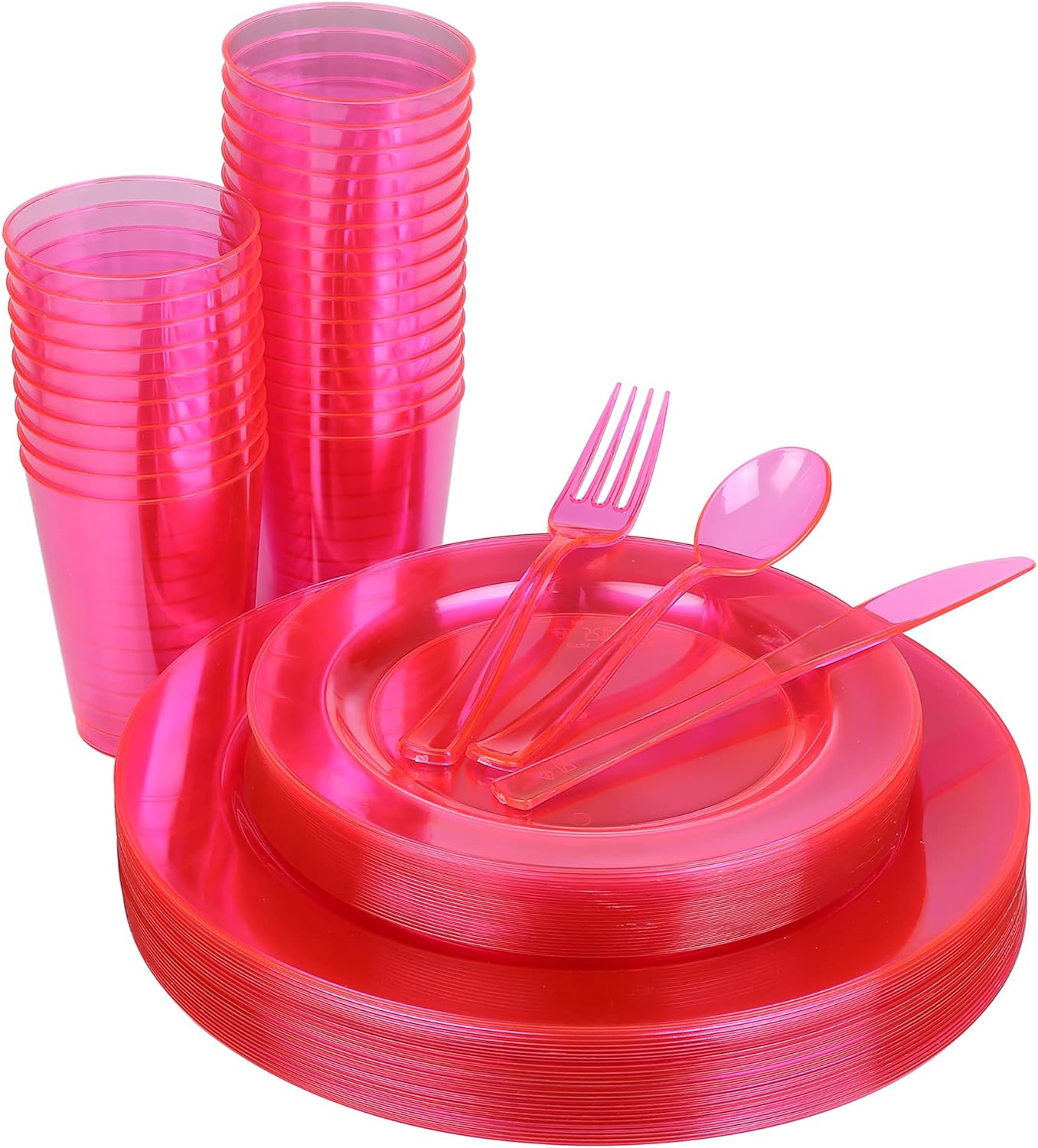 Pink Plastic Plates Party Supplies - 150 PCS Reusable Disposable Neon Sets of 25 Dinner, 25 Salad or Dessert, 25 Forks, 25 Spoons, 25 Knives, 25 Cups