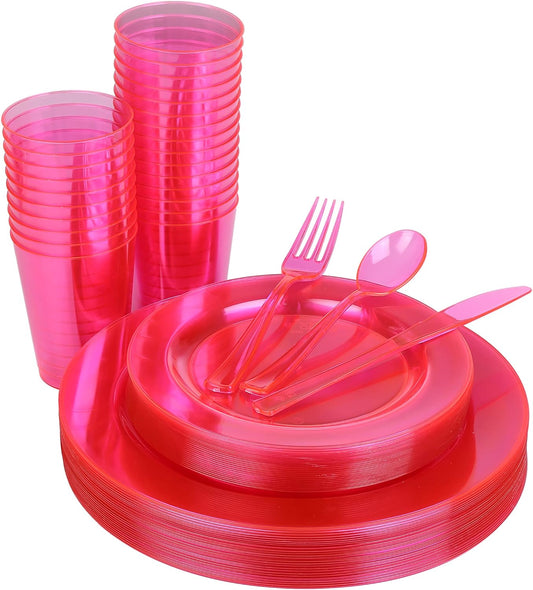 Pink Plastic Plates Party Supplies - 150 PCS Reusable Disposable Neon Sets of 25 Dinner, 25 Salad or Dessert, 25 Forks, 25 Spoons, 25 Knives, 25 Cups