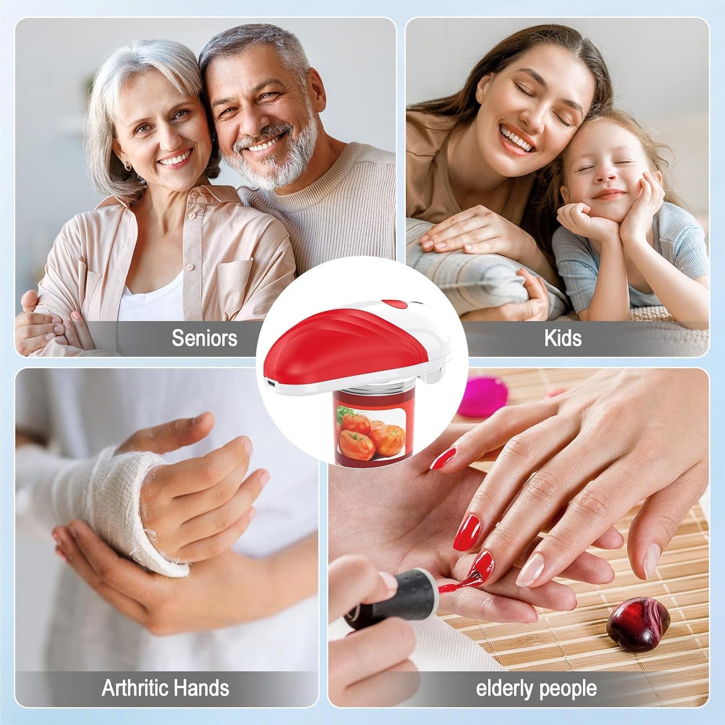 HuiJuKeJi Electric Can Opener, One-Touch Automatic Can Opener for Seniors with Arthritis, Rechargeable Hands-Free Can Opener for Almost Can Sizes, Smooth Edge & Food-Safe Kitchen Gadgets-Red