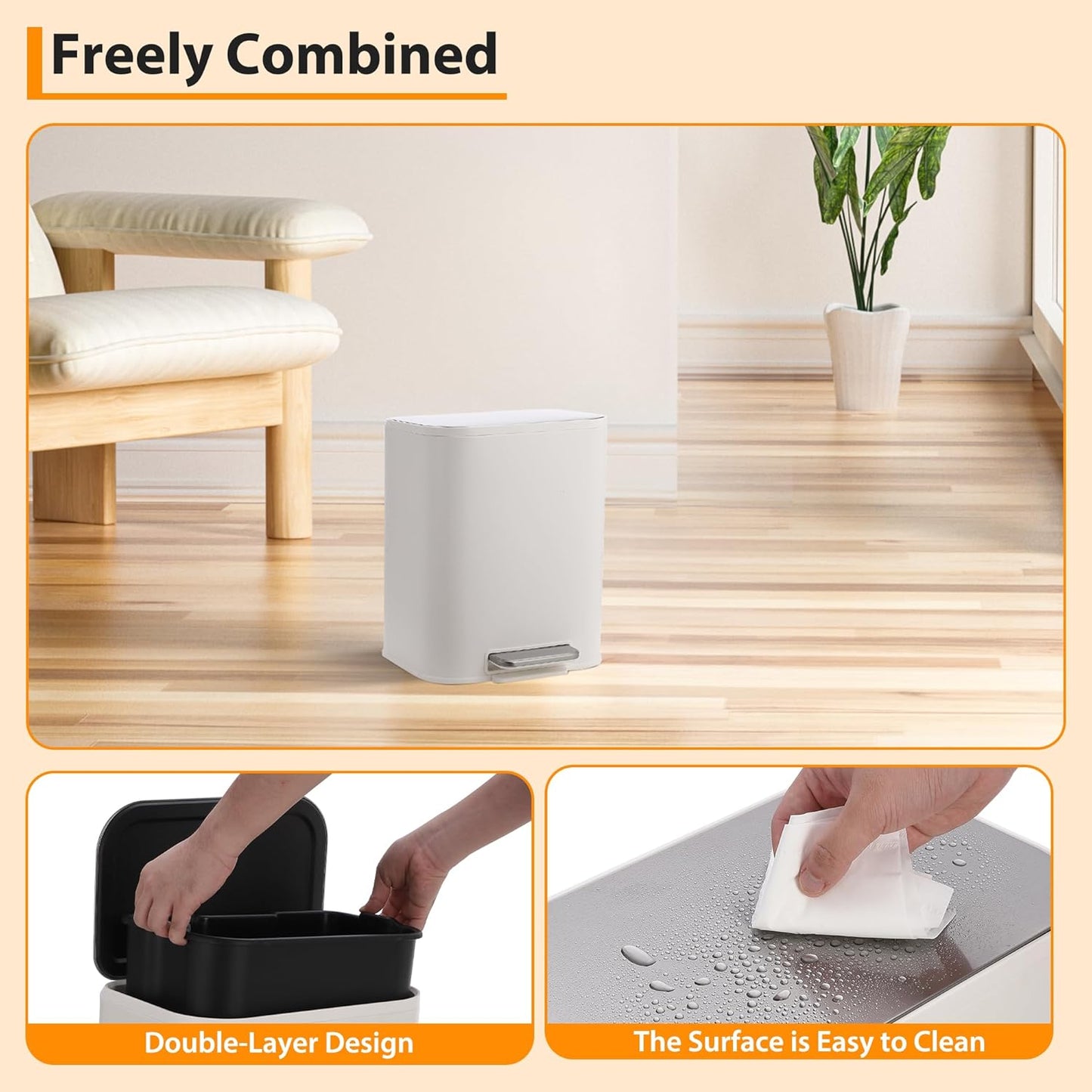 Bathroom Trash Can with Lid, 3.2 Gallon Stainless Steel Garbage Can with Step-On Pedal and Inner Bucket, Rectangular Trash Can for Kitchen Office Living Room Small Spaces (12 L, White)