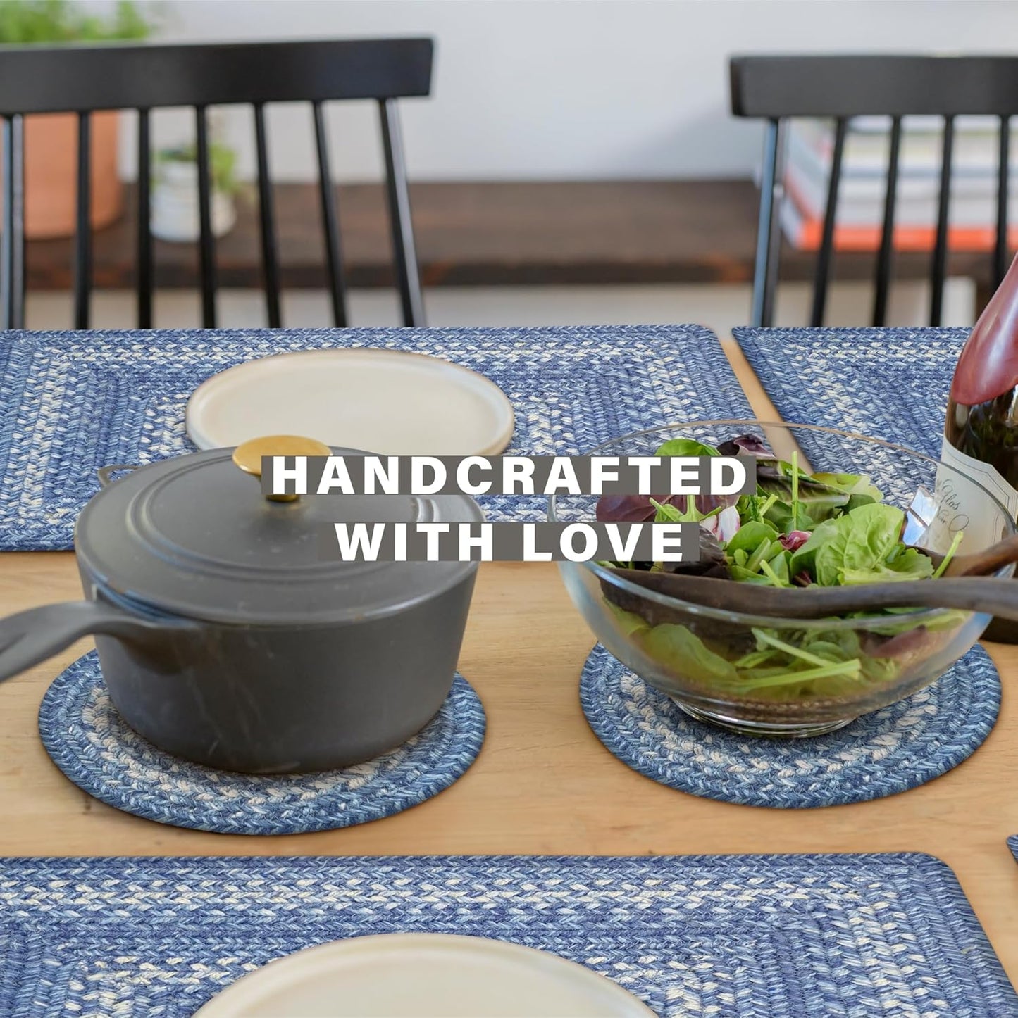 Denim Jute Braided Kitchen Trivets for Hot Dishes, Country Coastal Decor, Set of 6, Blue 8" Round Heat Resistant Mats - Rich Colors, Easy to Clean, Durable and Protects Furniture