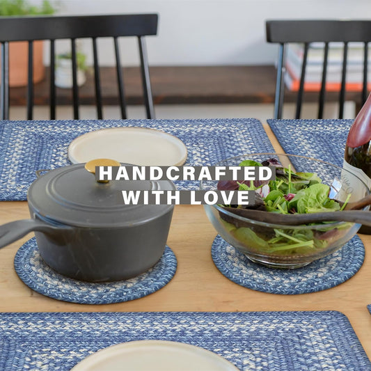 Denim Jute Braided Kitchen Trivets for Hot Dishes, Country Coastal Decor, Set of 6, Blue 8" Round Heat Resistant Mats - Rich Colors, Easy to Clean, Durable and Protects Furniture