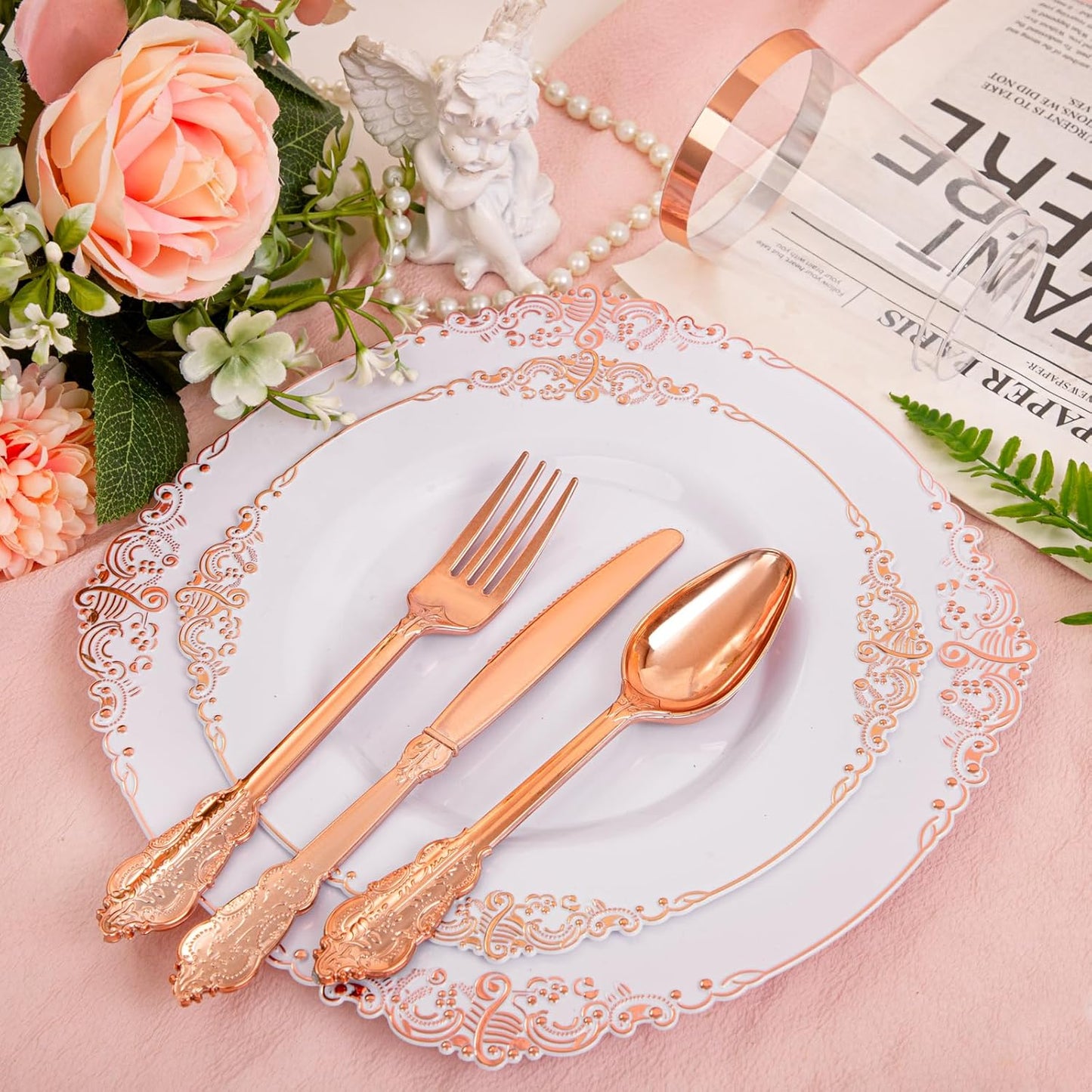 Morejoy 175PCS Rose Gold & Silver Plastic Dinnerware Set: 25 Plates, 25 Forks, 25 Knives, 25 Spoons, 25 Cups, 25 Napkins - Perfect for Wedding & Party