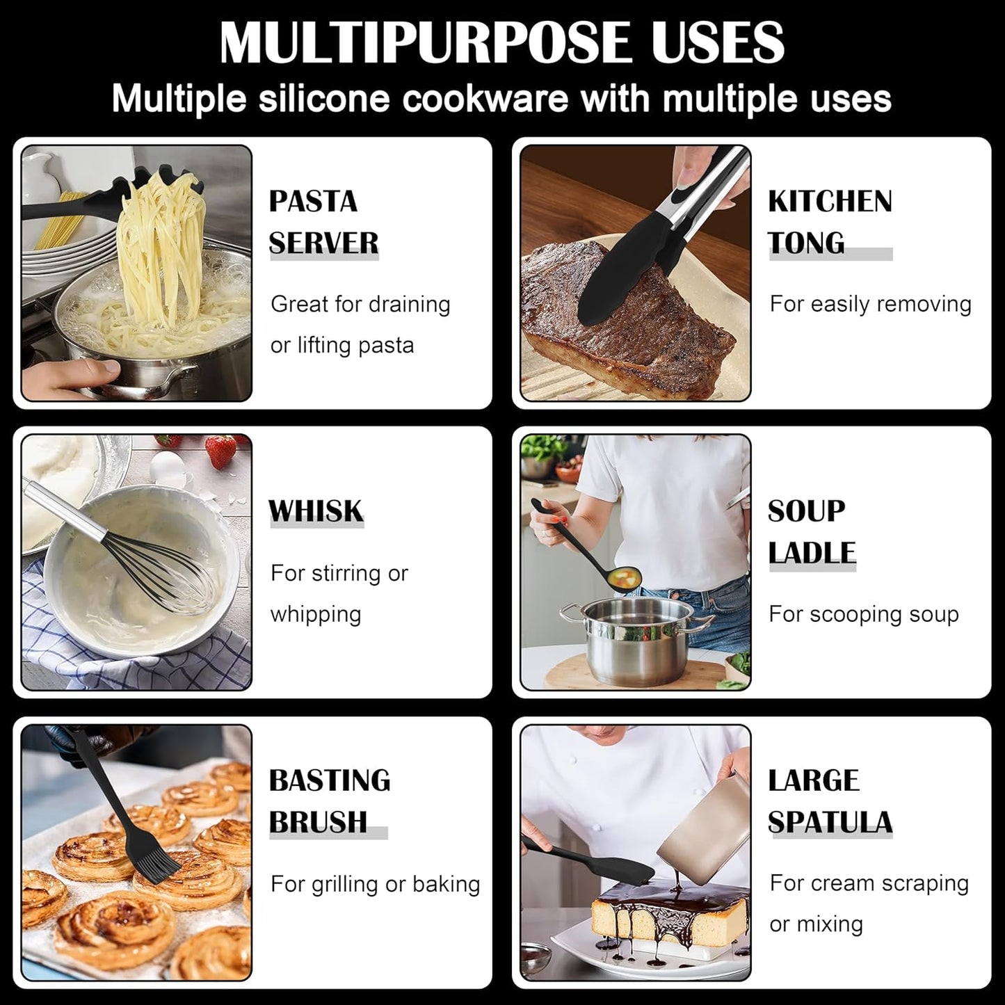 HaWare Kitchen Utensils, 14 PCS Silicone Cooking Utensils Set, Heat Resistant Kitchen Utensils for Non-stick Cookware, Kitchen Gadgets Tools with Spoons, Spatulas, Whisk, Dishwasher Safe (Black)