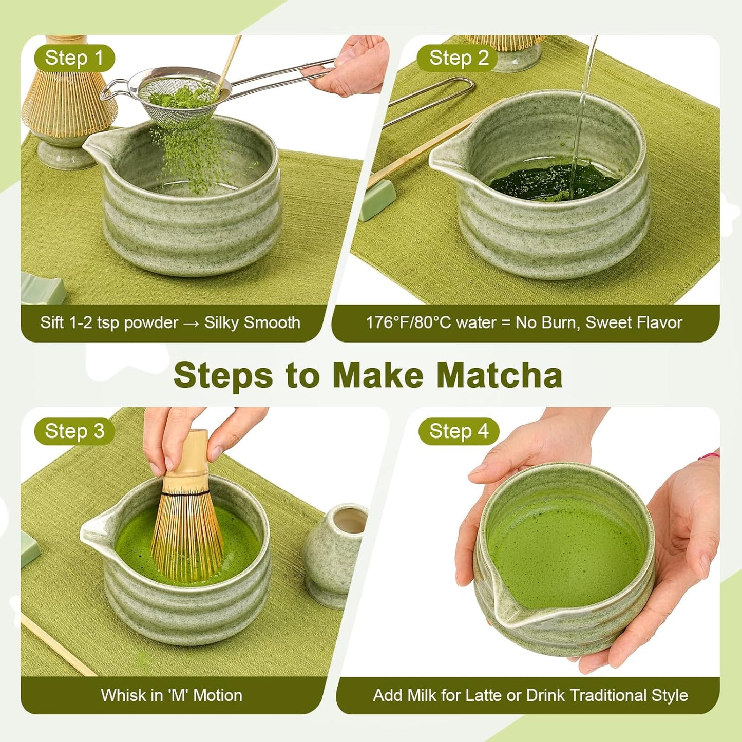 Matcha Whisk Set, 7Pcs Matcha Set - Matcha Bowl with Spout, Handcrafted Bamboo Whisk & Ceramic Holder, Steel Sifter, Towel, Matcha Kit for Tea Ceremony, Timeless Ideal Gift (Speckled green)