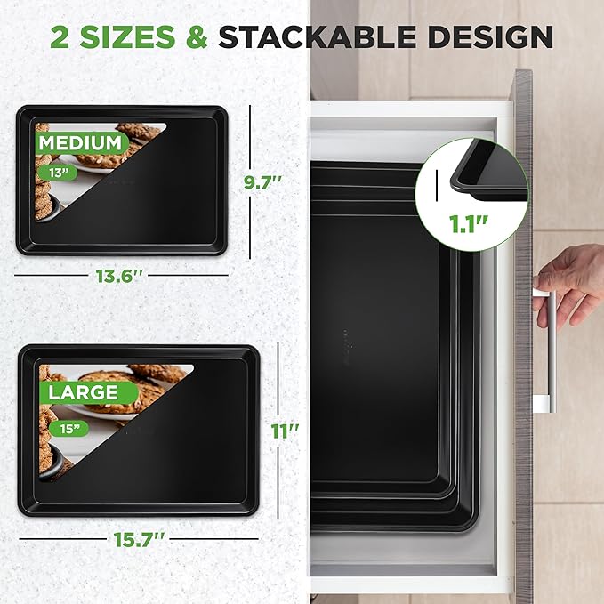 NutriChef 2-Piece Non-Stick Black Cookie Sheets - Versatile & Durable Non-Toxic Carbon Steel Bakeware Sets, Stackable Baking Tray for Cookies, Brownies, Jelly rolls - Oven Safe & Easy Clean