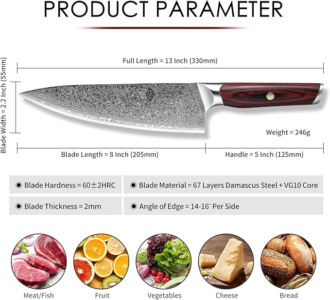 VEROXIS Damascus Chef Knife 8 Inch, Professional Japanese Kitchen Knives Sharp High Carbon Super Steel with Ergonomic Pakkawood Handles, Elegant Gift Box Packaging