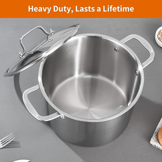 DELARLO Tri-Ply Stainless Steel Soup Pot 12QT, Tri-ply Big Pots for Cooking, 18/10 whole clad Stainless Steel Pot, Fast Even Heat, 12 QT Stock cookware with Lid, Pasta Pot, Induction Ready Up to 600℉