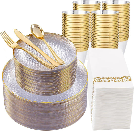 DaYammi 350PCS Clear Gold Plastic Dinnerware Set, Hammered Disposable Plates Thanksgiving Plates Disposable, Include: 50 Dinner Plates, 50 Dessert Plates, 150 Gold Silverware, 50 Napkins, 50 Cups