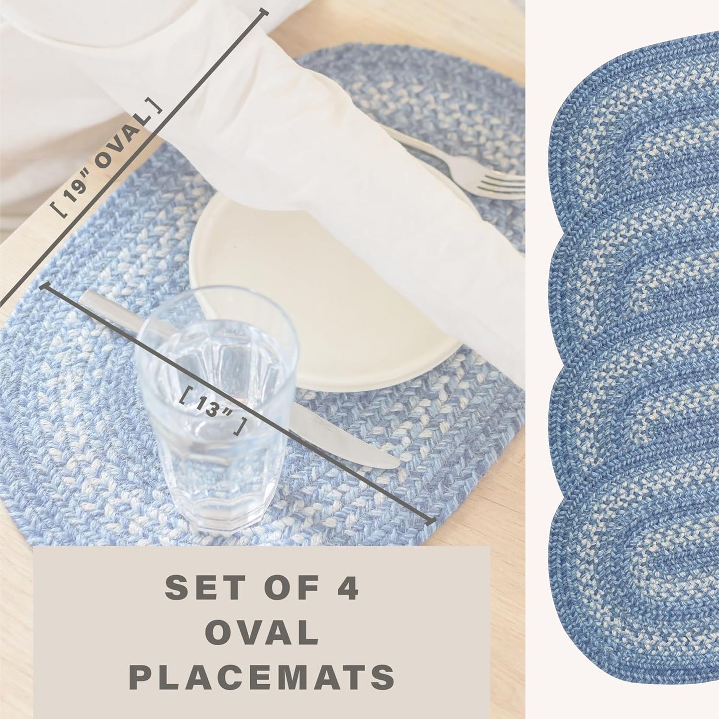 Homespice Denim Jute Braided Placemats, Country Coastal Decor, Set of 4, Blue 13x19 Oval Table Mats - Vibrant Colors, Durable, Easy to Clean and Protects Furniture