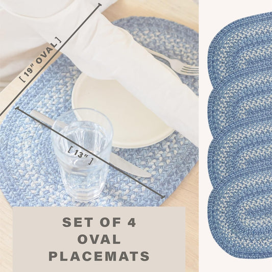 Homespice Denim Jute Braided Placemats, Country Coastal Decor, Set of 4, Blue 13x19 Oval Table Mats - Vibrant Colors, Durable, Easy to Clean and Protects Furniture