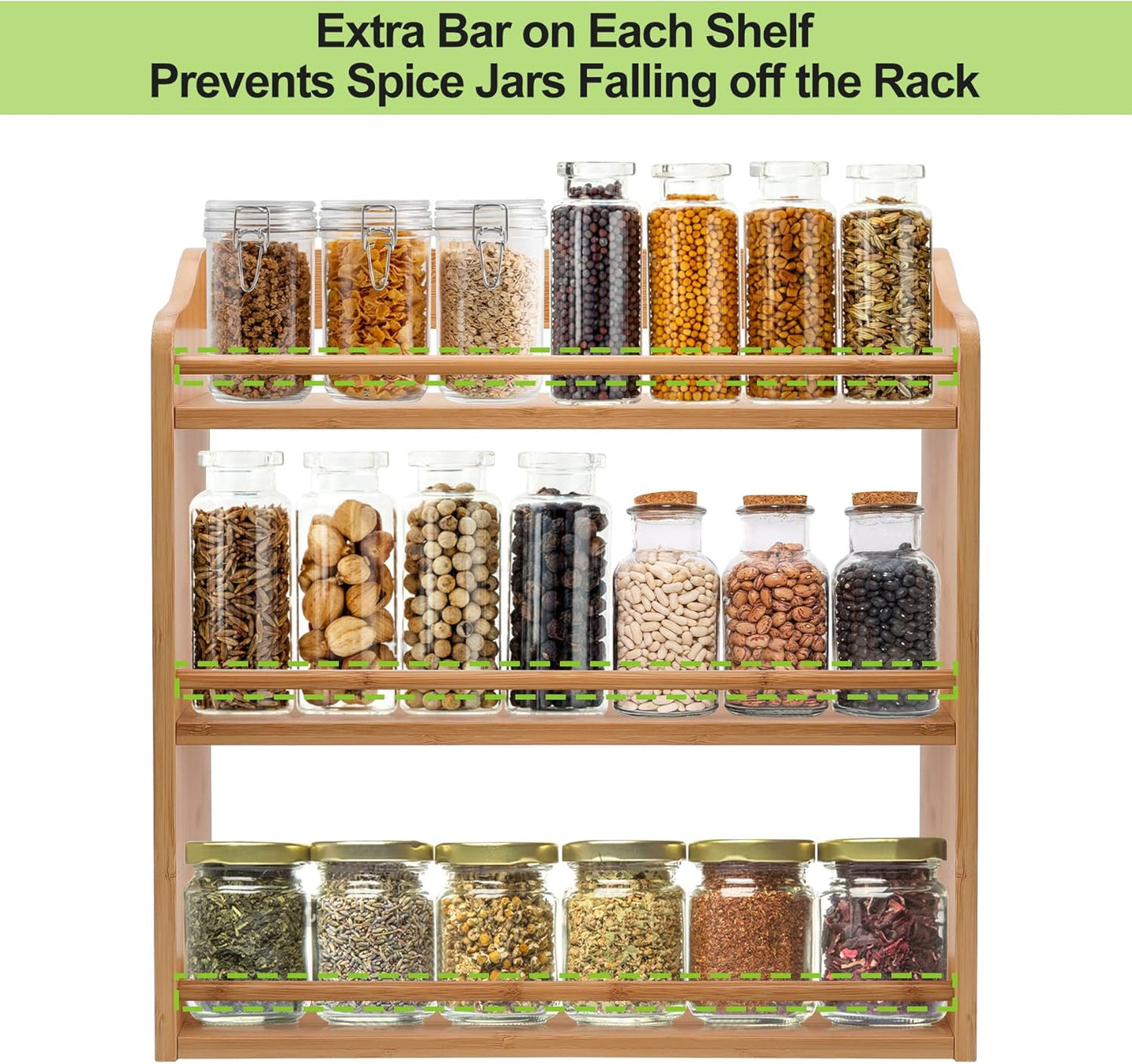3 Tier Bamboo Spice Rack, Seasoning Jars Rack Shelf Spice Organizer for Kitchen Counter or Wall Mounting