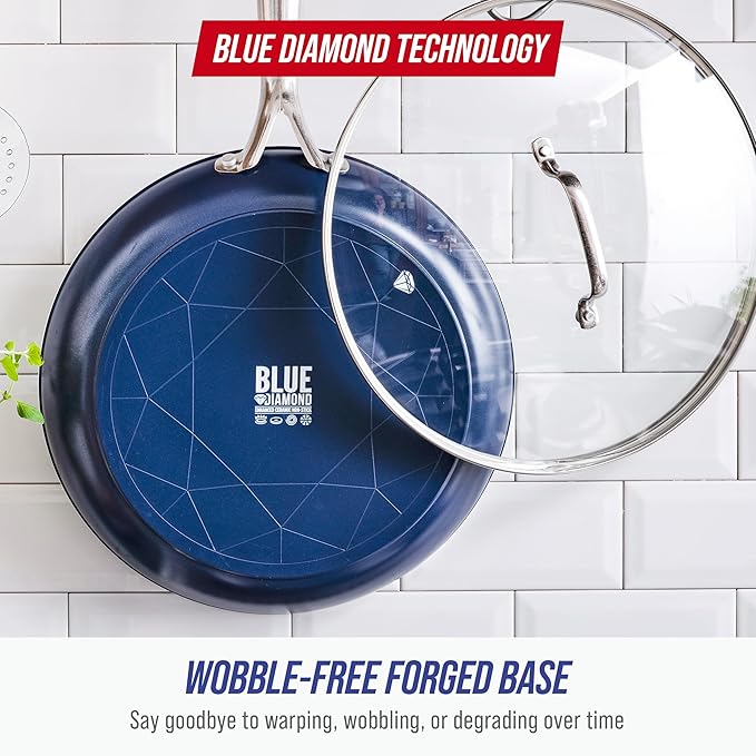 Blue Diamond 12" Nonstick Frying Pan with Lid, Diamond Infused PFAS & PTFE-Free Ceramic Skillet, Dishwasher & Oven Safe, Stay Cool Handle, Durable Non Toxic Metal Utensil Safe, Glass Lid, Blue