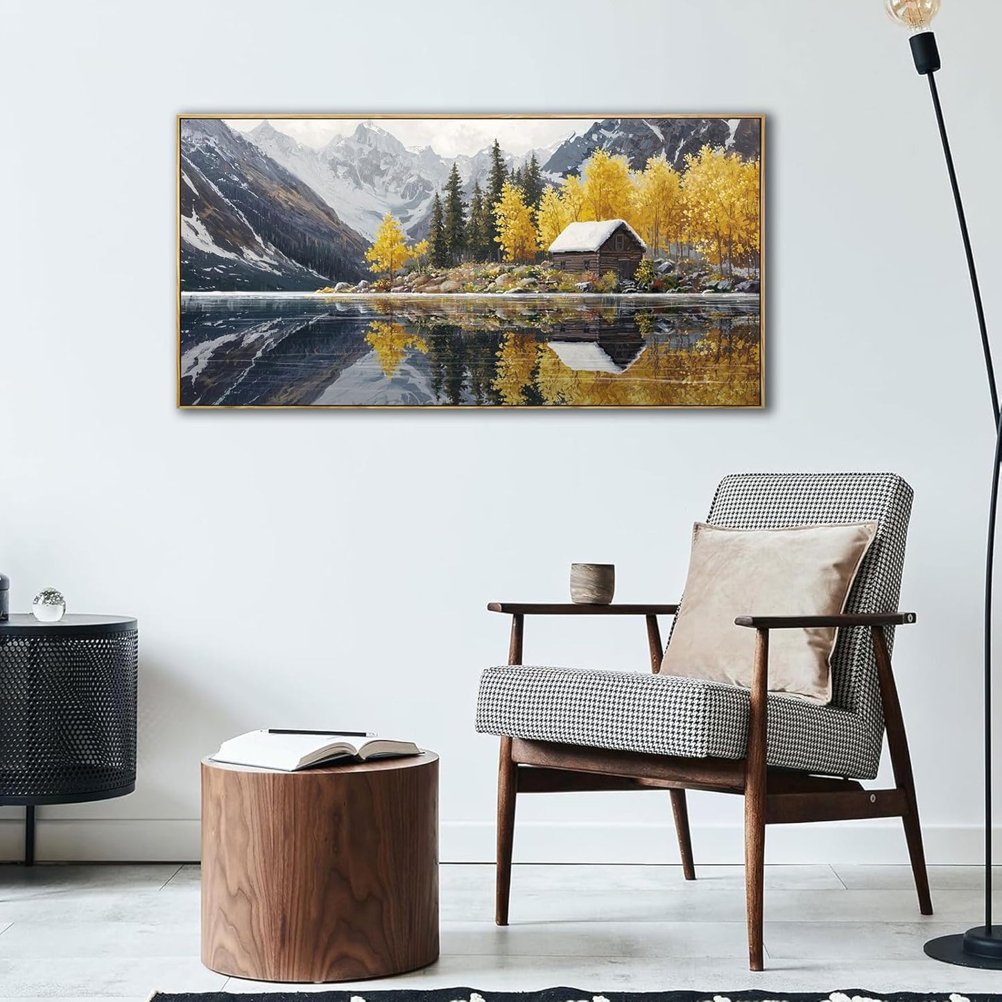 KLAKLA Living Room Wall Art - Tranquil Lake Cabin Orange Tree Forest Snowy Mountain Canvas Wall Decor Oversize Landscape Picture Framed Artwork for Bedroom Office Walls Home Decoration 40x20 Inches