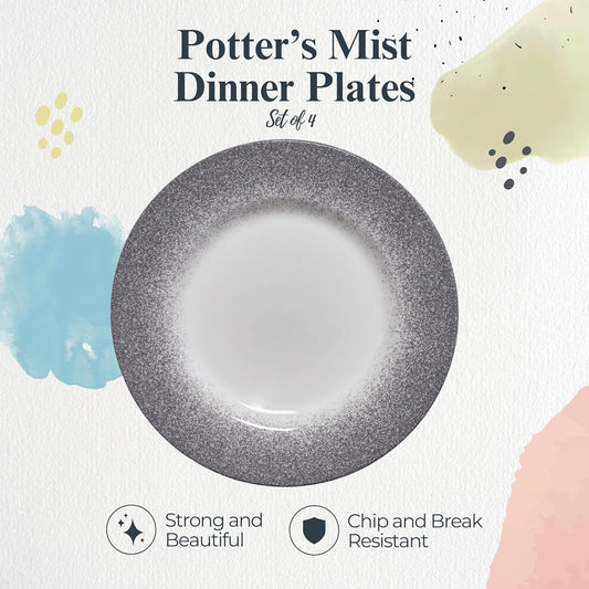 Portmeirion Potter's Mist Dinner Plate (Set of 4) - 10.5" Earthenware Plates with Classic Mist Rim - Microwave, Dishwasher, Freezer, Oven Safe - Ideal Modern Dinnerware Set (Grey Mist)
