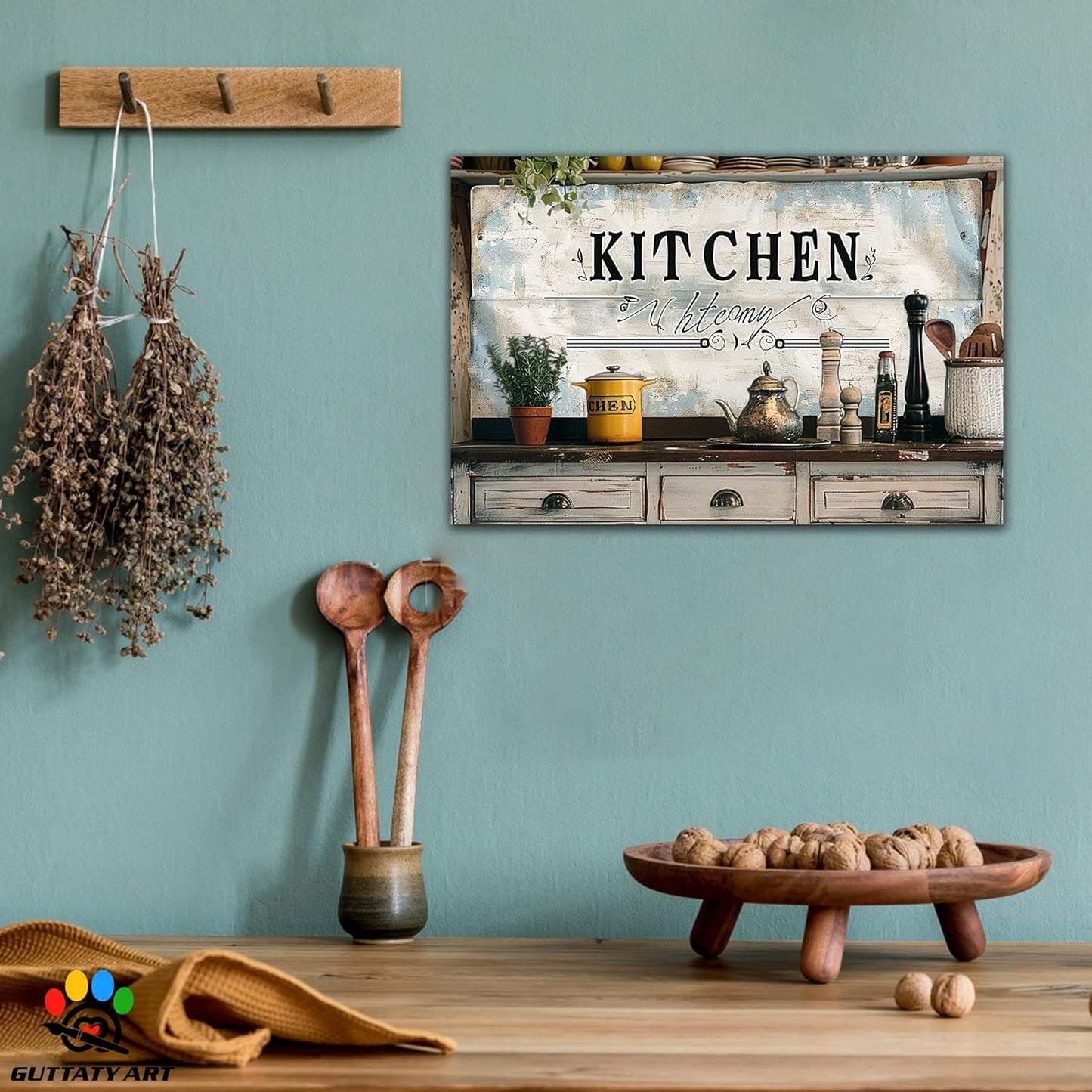GUTTATY Farmhouse Wall Art Rustic Kitchen Decor, Ready to Hang Graffiti Kitchen Canvas Print Spoon And Vegetable,Vintage Posters Prints for Dinning Room Home Kitchen Restaurant Painting 12×18 Inch