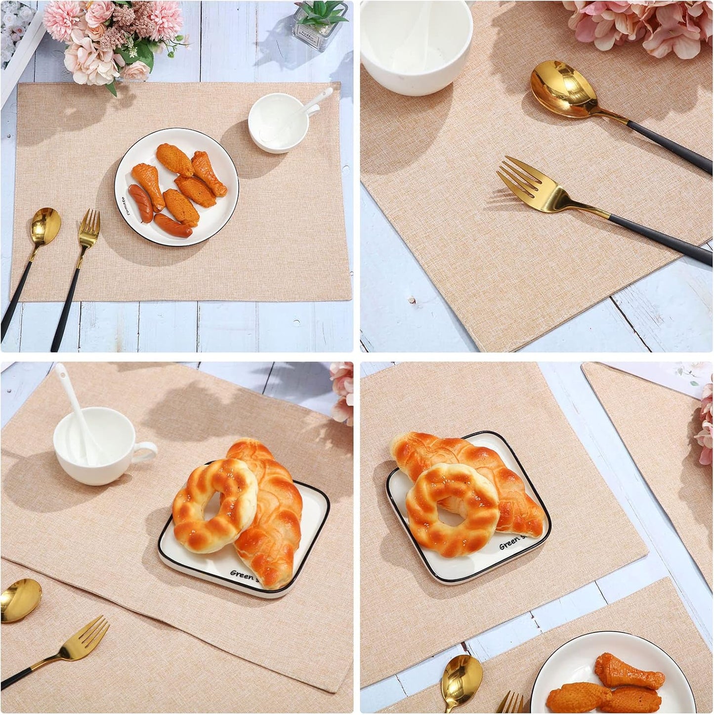 Sieral Cloth Placemats Set of 12 Rectangle Dining Table Placemats Bulk 13 x 19 Inch Machine Washable Heat Resistant Cotton Linen Table Mats for Wedding Baby Shower Birthday Party Supplies(Beige)