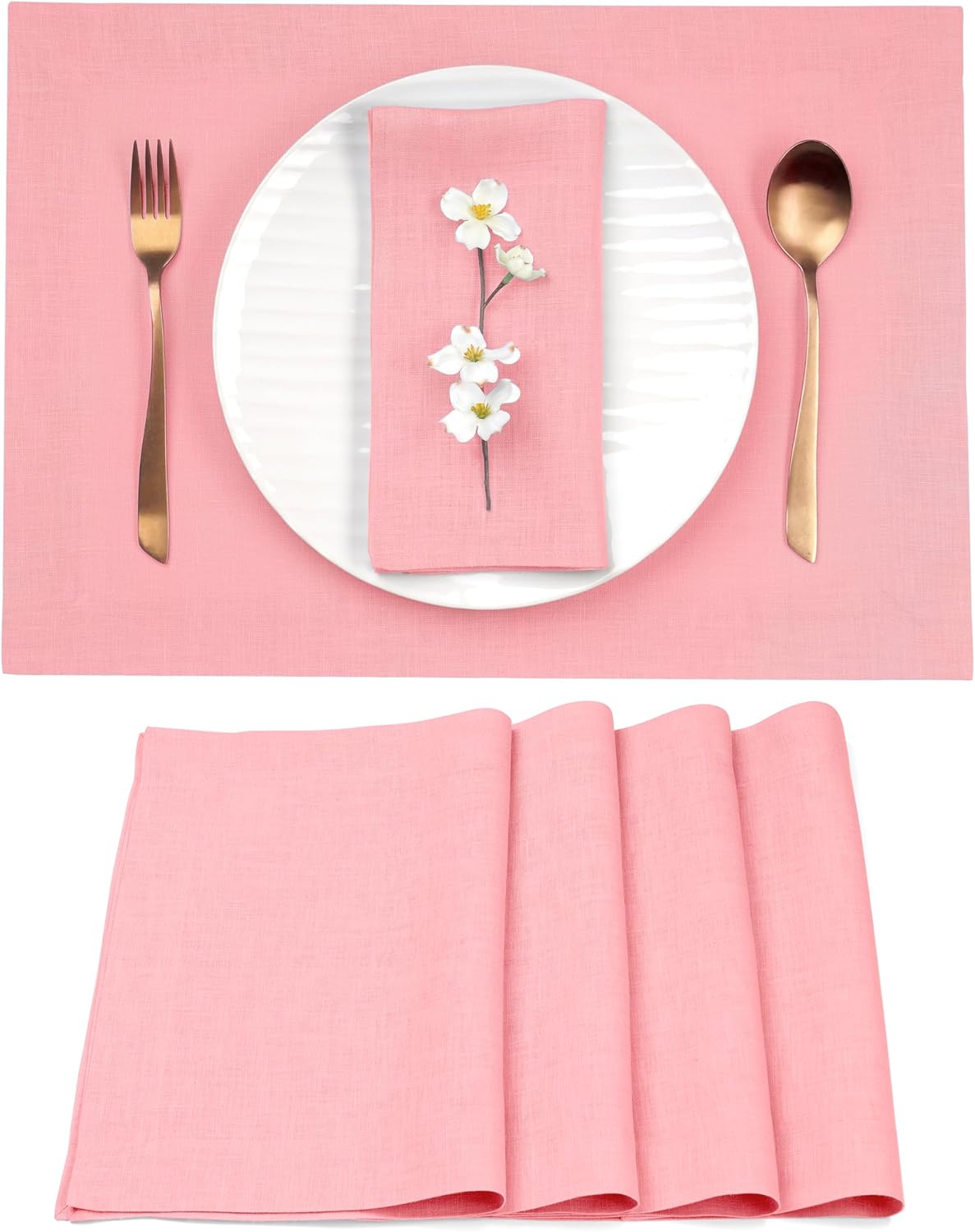 D'Moksha Homes Linen Dusty Pink Placemats Set of 4-100% Pure Linen Placemats 14 x 19 Inch for Fall, Autumn and Halloween - Handcrafted and Machine Washable