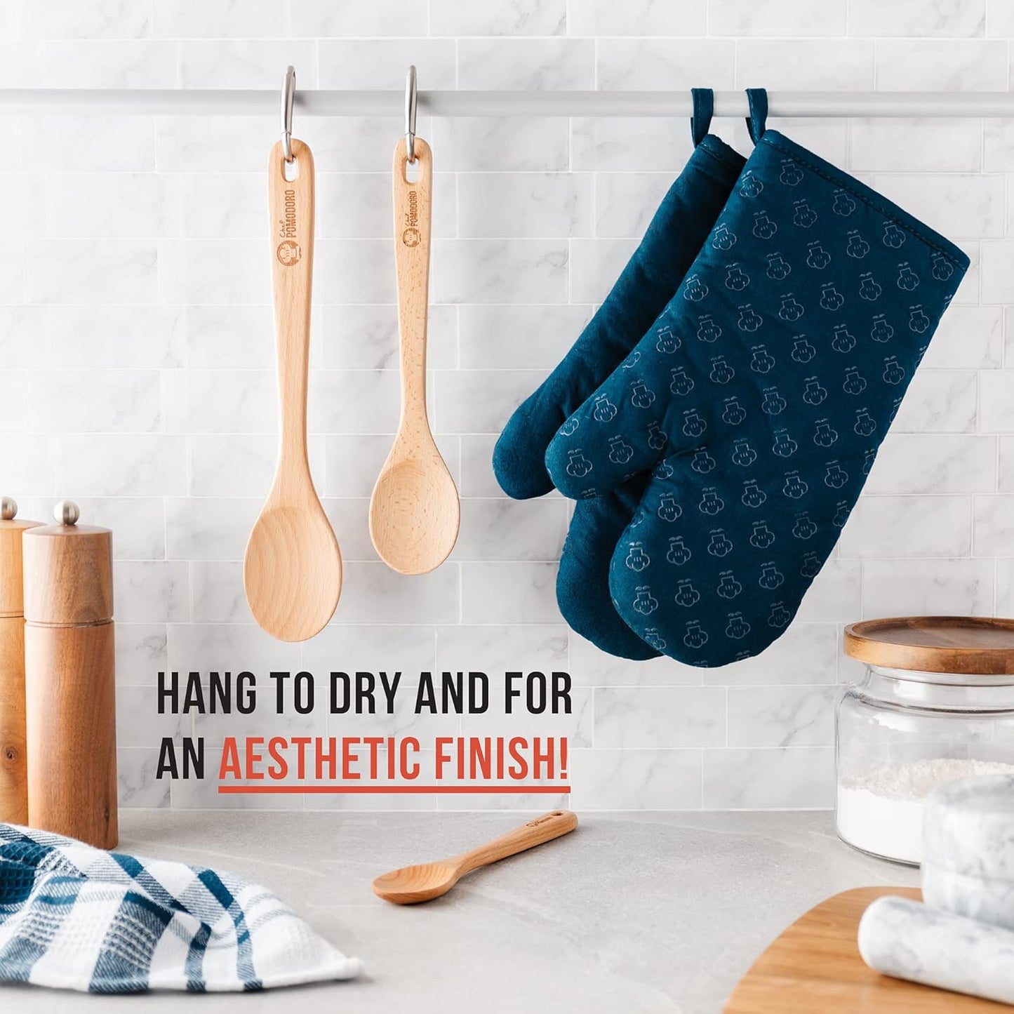 Chef Pomodoro Wooden Spoons for Cooking 3-Piece Set, Solid Beechwood Cooking Utensils | 12-Inch, 10.5-Inch, 8-Inch Wooden Utensils Set, Beechwood Kitchen Utensils, Soup Spoons for Nonstick Cookwares